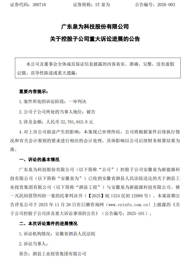 3000万借款纠纷落槌 泉为科技子公司败诉